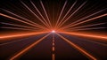 Bright red laser beams illuminate a dark road stretching into the distance during a futuristic display of light at night Royalty Free Stock Photo