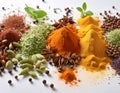 A vibrant array of spices, artistically arranged on a white surface
