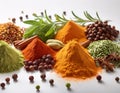 A vibrant array of spices, artistically arranged on a white surface