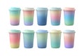 Collection of Colorful Gradient Reusable Coffee Cups with Lids on White Background Royalty Free Stock Photo