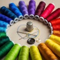 Colorful spools of thread arranged in a circle around sewing supplies isolated on white background Royalty Free Stock Photo