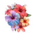 A vibrant array of tropical flowers, such as hibiscus and plumeria, arranged on a stark white canvas.
