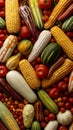 Vibrant array of various corn cobs arranged in a pattern.