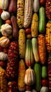 Vibrant array of various corn cobs arranged in a pattern.