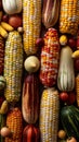 Vibrant array of various corn cobs arranged in a pattern.