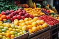 A vibrant array of various fruits showcased for sale at a bustling market, fresh fruits on crates on shop market, AI Generated Royalty Free Stock Photo