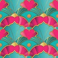 Vibrant Art Deco Hearts and Fans Seamless Pattern on Turquoise Background Royalty Free Stock Photo