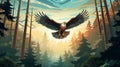 Vibrant Art Deco Illustration Of An Eagle Flying In The Forest