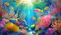 Vibrant Art painting of coral reef with fish and corals in Azure and Purple hues Royalty Free Stock Photo