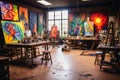 A vibrant art studio with artists creating colorful paintings and sculptures