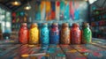 Vibrant Art Workshop Scene with Colorful Paintbrush Jars on a Messy Table, Capturing the Creative Process Royalty Free Stock Photo