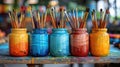 Vibrant Art Workshop Scene with Colorful Paintbrush Jars on a Messy Table, Capturing the Creative Process Royalty Free Stock Photo
