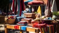 Vibrant Artisan Craft Market: Colorful Textiles, Pottery, and Jewelry Under a Striped Awning