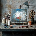 A vibrant artists workspace with paint brushes and a canvas capturing the essence of creativity and artistic expression Royalty Free Stock Photo