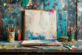 Vibrant Artist\'s Workspace with Paint Splattered Canvas, Brushes, and Art Supplies on Rustic Wooden Table Royalty Free Stock Photo