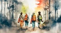 A vibrant, artistic rendering of four individuals embarking on a forest adventure, carrying camping gear. The serene atmosphere is