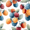 a seamless pattern of raspberries with leaves on a white background Royalty Free Stock Photo