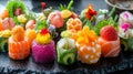 Vibrant and artistic sushi platter showcasing colorful sushi creations