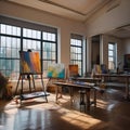 A vibrant artists studio filled with paint-splattered surfaces, easels, art supplies, and large windows for natural light1