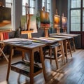 A vibrant artists studio filled with paint-splattered surfaces, easels, art supplies, and large windows for natural light2