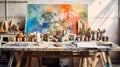 Vibrant Artists Worktable: Colorful Brushes, Palettes, and Art Supplies