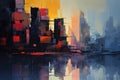 A vibrant artwork capturing the essence of a city with tall buildings reflected in a body of water, Abstracted cityscape at dusk