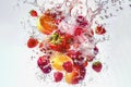 Vibrant assortment of berries and fruits bursting with color against a monochrome backdrop, accentuated by dynamic water