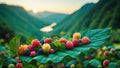 Vibrant Berries on Lush Leaf Against Mountain Sunset Royalty Free Stock Photo