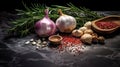 Mediterranean-inspired Garlic, Onion, And Pepper Delight On Stone Background