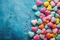 Colorful Candy Hearts on Blue Background, Valentine\'s Day Concept Royalty Free Stock Photo