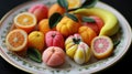 Variety of Marzipan Fruits Arranged Artfully on Decorative Plate in Studio Royalty Free Stock Photo