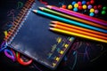 Vibrant assortment of colorful pencils and a noteworthy notebook enhancing the productivity on the clerks desk. a captivating