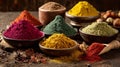 Vibrant Assortment of Colorful Spices in Rustic Bowls on Wooden Surface Royalty Free Stock Photo