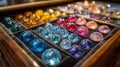 Colorful collection of decorative glass orbs displayed in a wooden box with velvet lining Royalty Free Stock Photo