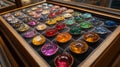 Colorful collection of decorative glass orbs displayed in a wooden box with velvet lining Royalty Free Stock Photo