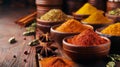Vibrant Assortment of Exotic Spices in Earthen Bowls on Wooden Table