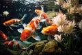 A vibrant assortment of fish gracefully swim together in a captivating aquarium., River pond decorative orange underwater fishes