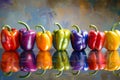 Vibrant Assortment of Fresh Bell Peppers in Red, Purple, Green, and Yellow on Reflective Surface Royalty Free Stock Photo