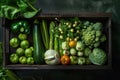 Vibrant Assortment of Fresh Green Vegetables in Wooden Crate