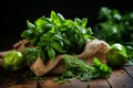 Vibrant Assortment of Fresh Herbs and Aromatic Spices Arranged Against Rustic Backdrop