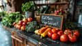 a vibrant assortment of fresh vegetables elegantly arranged on a contemporary white table, accompanied by a persuasive