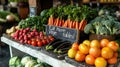 a vibrant assortment of fresh vegetables elegantly arranged on a contemporary white table, accompanied by a persuasive