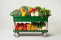 Vibrant assortment of fresh vegetables and fruits in fully stocked supermarket metal shopping cart