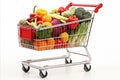 Vibrant assortment of fresh vegetables and fruits in a fully stocked supermarket shopping cart