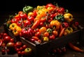 A vibrant assortment of red and yellow peppers in a wooden box. A wooden box filled with lots of red and yellow peppers