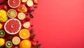 A vibrant assortment of sliced fruits is artfully arranged on the left side of a red surface Royalty Free Stock Photo