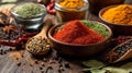 Vibrant Assortment of Spices in Bowls and Spoons on Rustic Wooden Surface Royalty Free Stock Photo