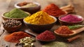 Vibrant Assortment of Spices Displayed in Rustic Wooden Bowls and Spoons Royalty Free Stock Photo