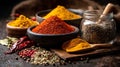 Vibrant assortment of spices and herbs in rustic wooden bowls and glass jars. Royalty Free Stock Photo