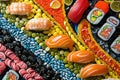 A vibrant assortment of sushi rolls, sashimi, and nigiri artfully arranged on a table, creating an enticing and visually pleasing Royalty Free Stock Photo